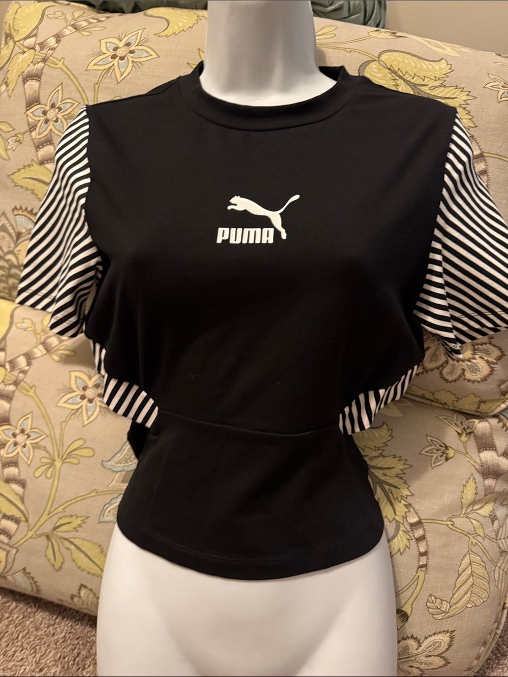 Puma Black Cropped Tee with Black-and-White Striped Sleeves
